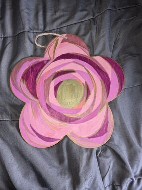 Hand-Painted Pink Floral Wooden Wall Hanging